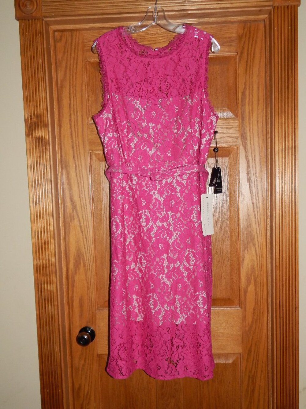 NEW NWT Women's Size 18 Adrianna Papell Belted Sleeveless Lace Midi Dress Pink